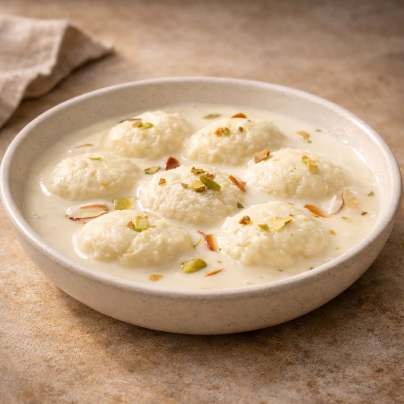 Soft ras malai soaked in saffron-flavored milk
